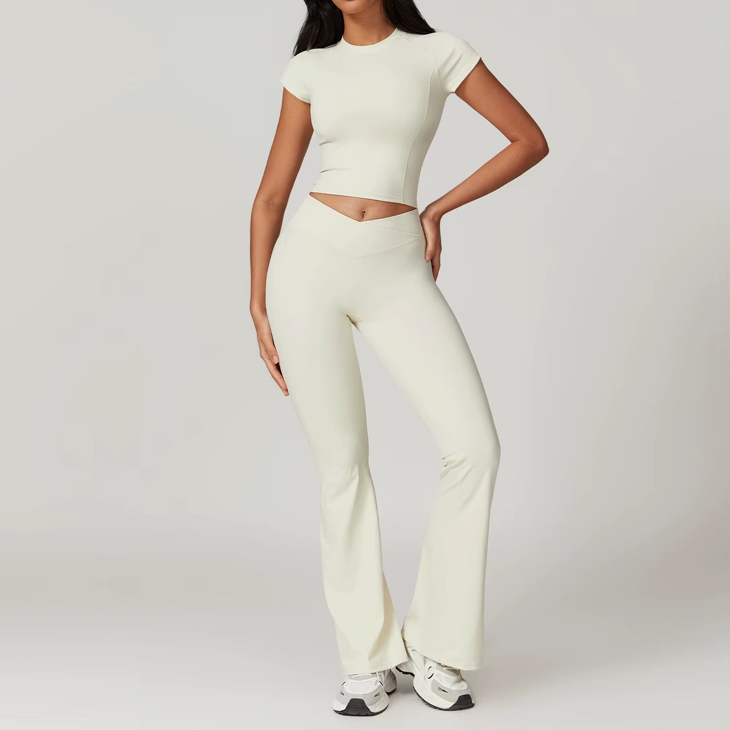 Women'S 2PCS Gym Yoga Suit Tight Fitting Sports Set Workout Breathable T Shirts Bra Short Sleeve Crop Top Bell-Bottoms Leggings