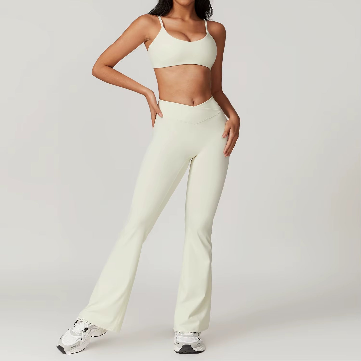 Women'S 2PCS Gym Yoga Suit Tight Fitting Sports Set Workout Breathable T Shirts Bra Short Sleeve Crop Top Bell-Bottoms Leggings