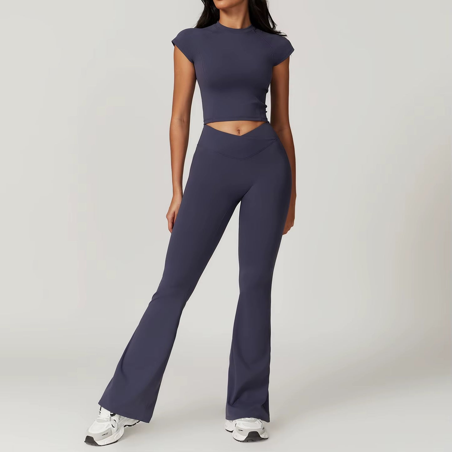 Women'S 2PCS Gym Yoga Suit Tight Fitting Sports Set Workout Breathable T Shirts Bra Short Sleeve Crop Top Bell-Bottoms Leggings