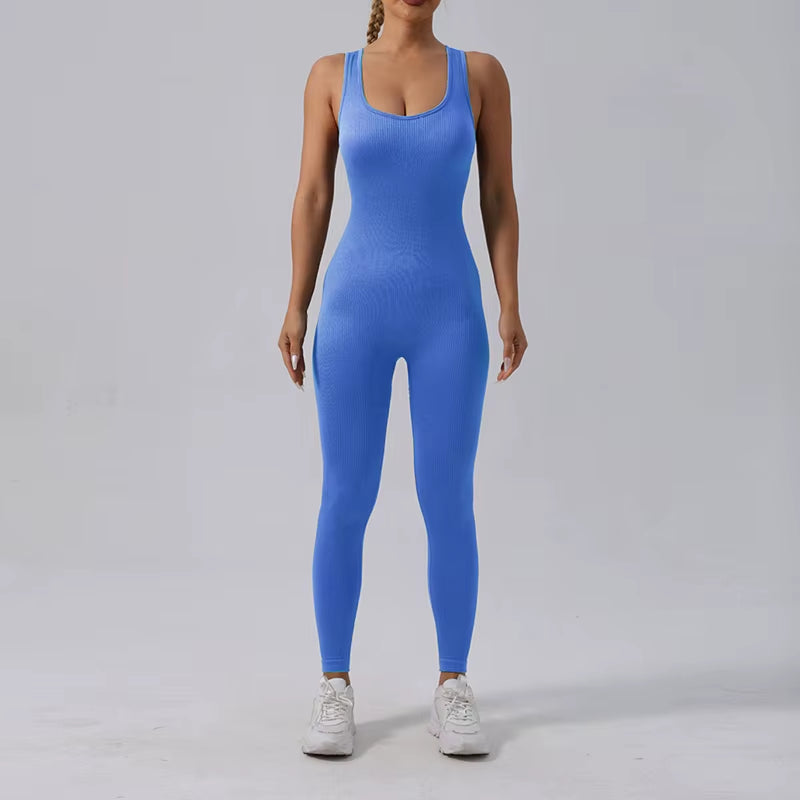 Women'S Tracksuit Yoga Set Seamless Jumpsuits Ribbed One Piece Fitness Rompers Sleeveless Sportswear Gym Set Workout Clothes