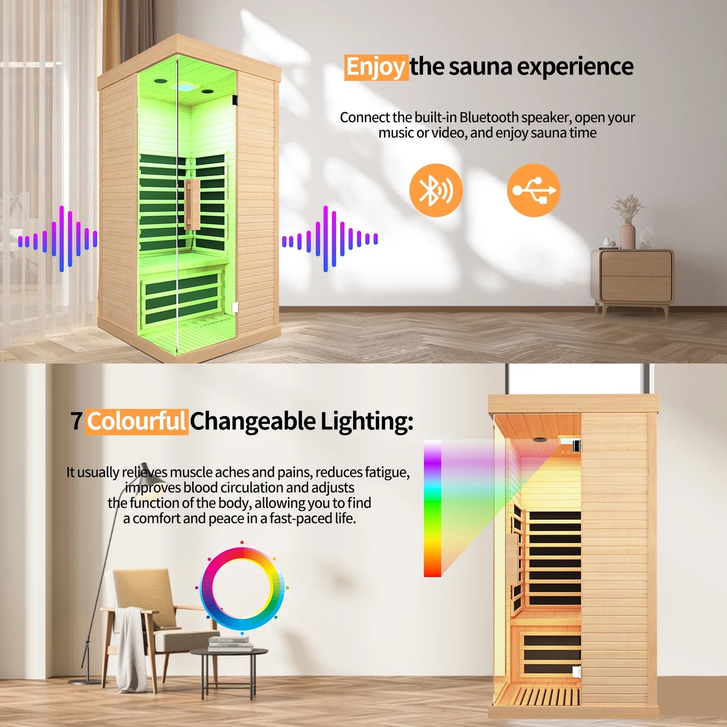 Home Sauna Infrared Saunas Home Spa Room Canadian Hemlock 1400W Low-Emf Dry Saunas Spa with 7 Chromotherapy for Indoor 1 Person