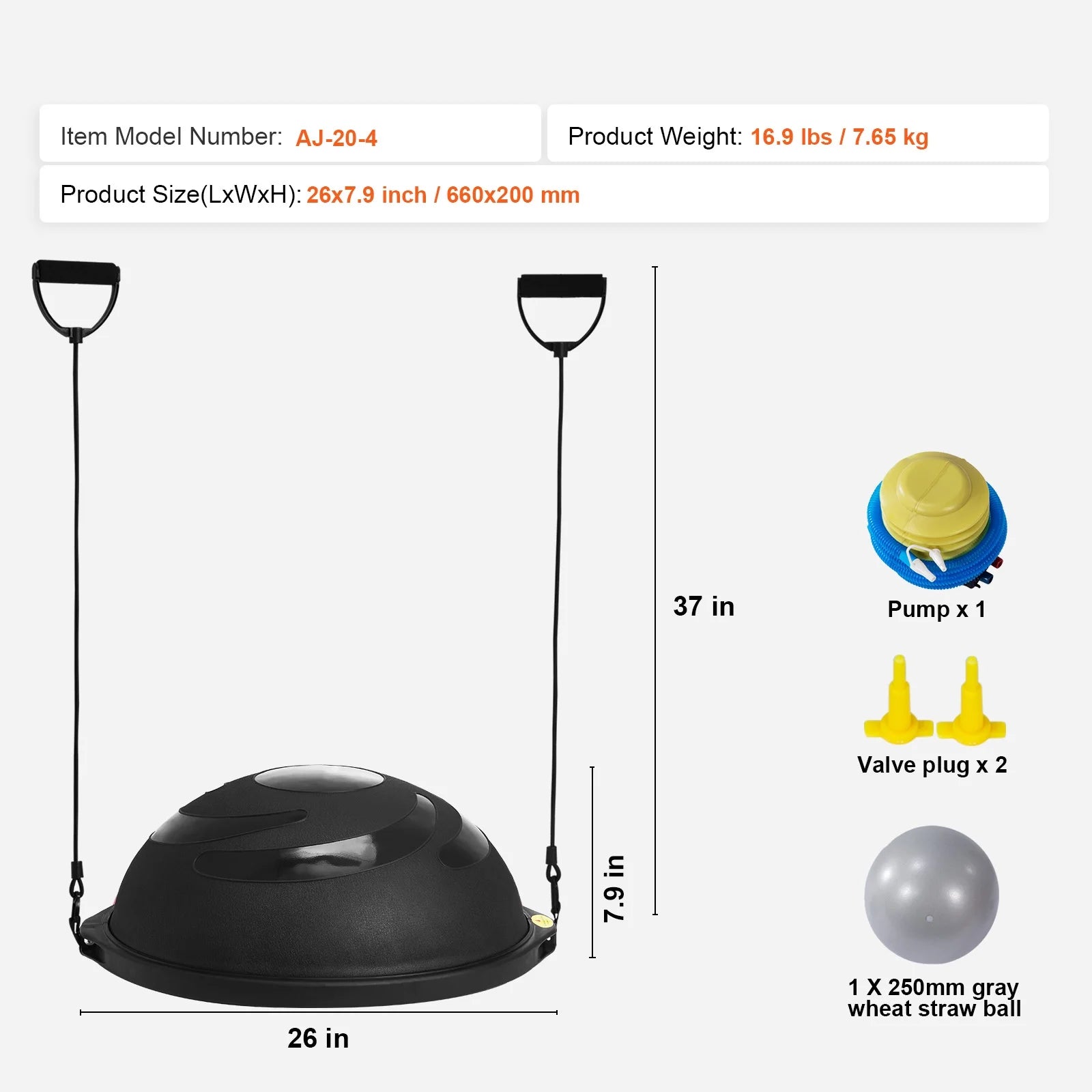 26 Inch Half Fitness Yoga Balance Ball Trainer Stability Ball Resistance Band