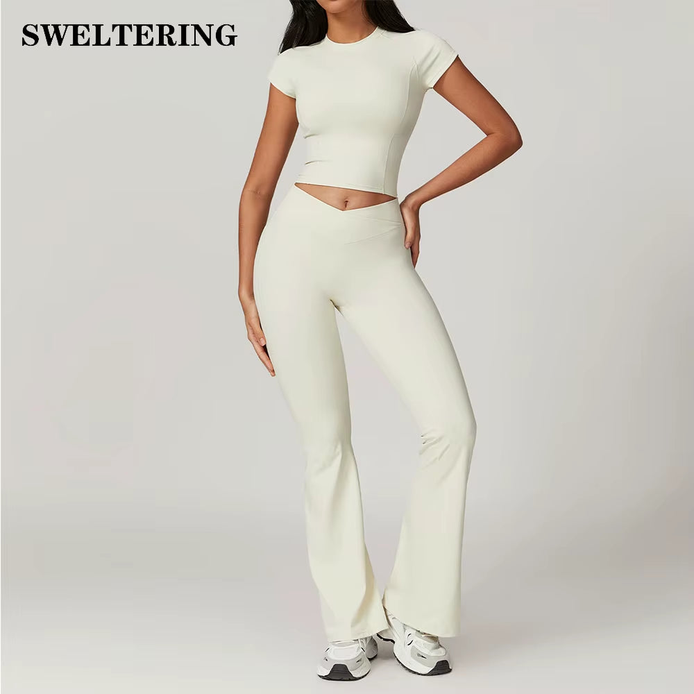 Women'S 2PCS Gym Yoga Suit Tight Fitting Sports Set Workout Breathable T Shirts Bra Short Sleeve Crop Top Bell-Bottoms Leggings