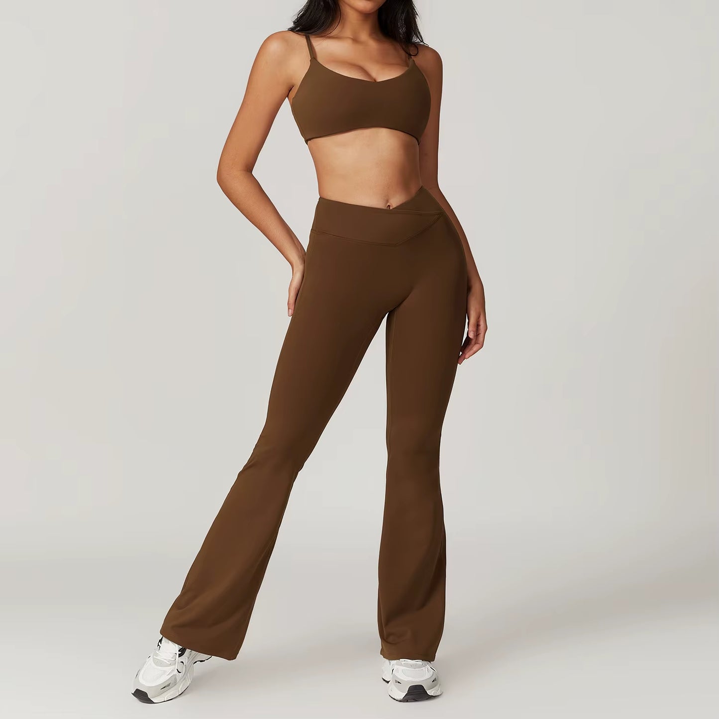 Women'S 2PCS Gym Yoga Suit Tight Fitting Sports Set Workout Breathable T Shirts Bra Short Sleeve Crop Top Bell-Bottoms Leggings