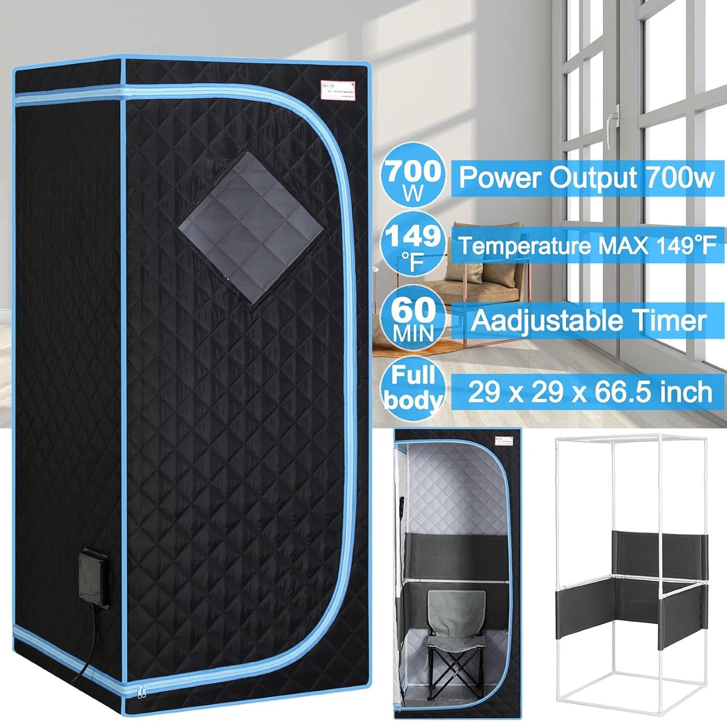 Portable Infrared Sauna for Home Full Size Black Infrared Sauna Tent for Spa with Heating Foot Pad and Portable Chair(Infrared,Black)