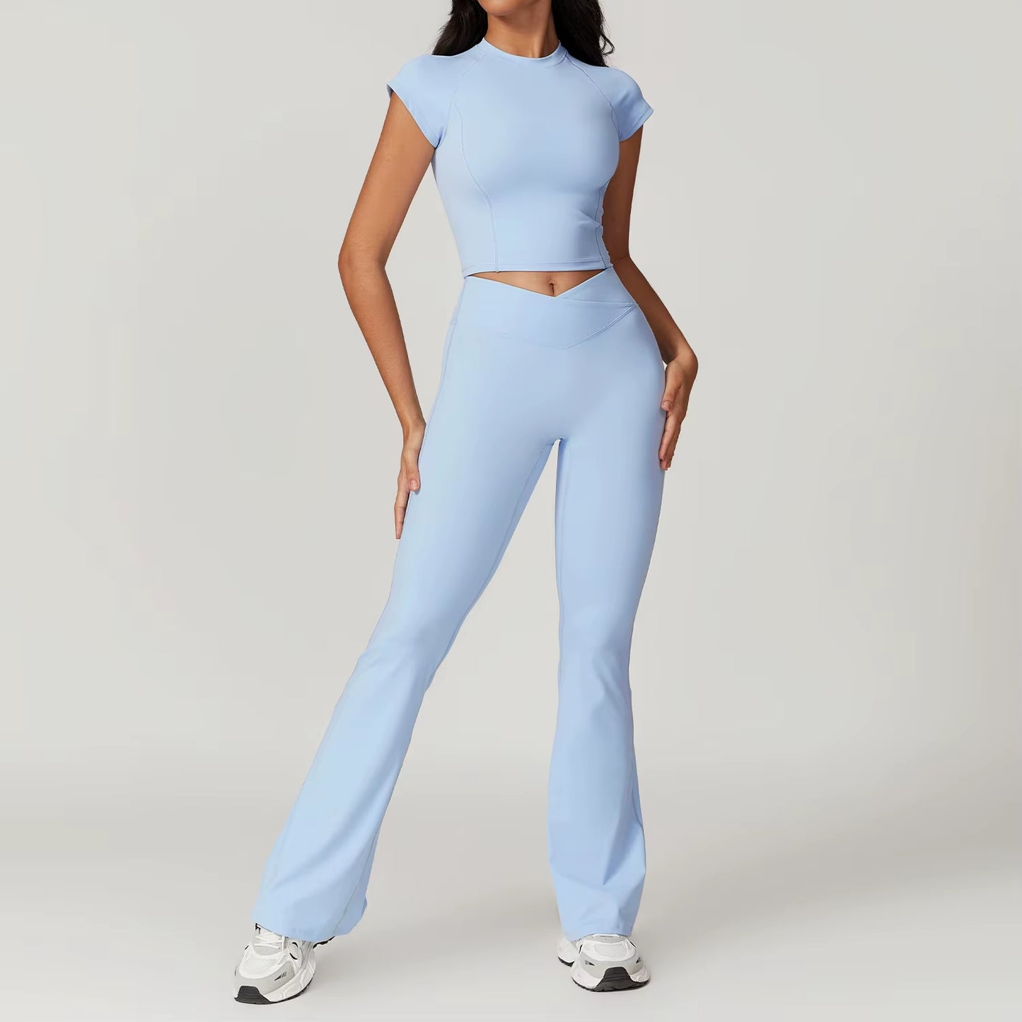 Women'S 2PCS Gym Yoga Suit Tight Fitting Sports Set Workout Breathable T Shirts Bra Short Sleeve Crop Top Bell-Bottoms Leggings