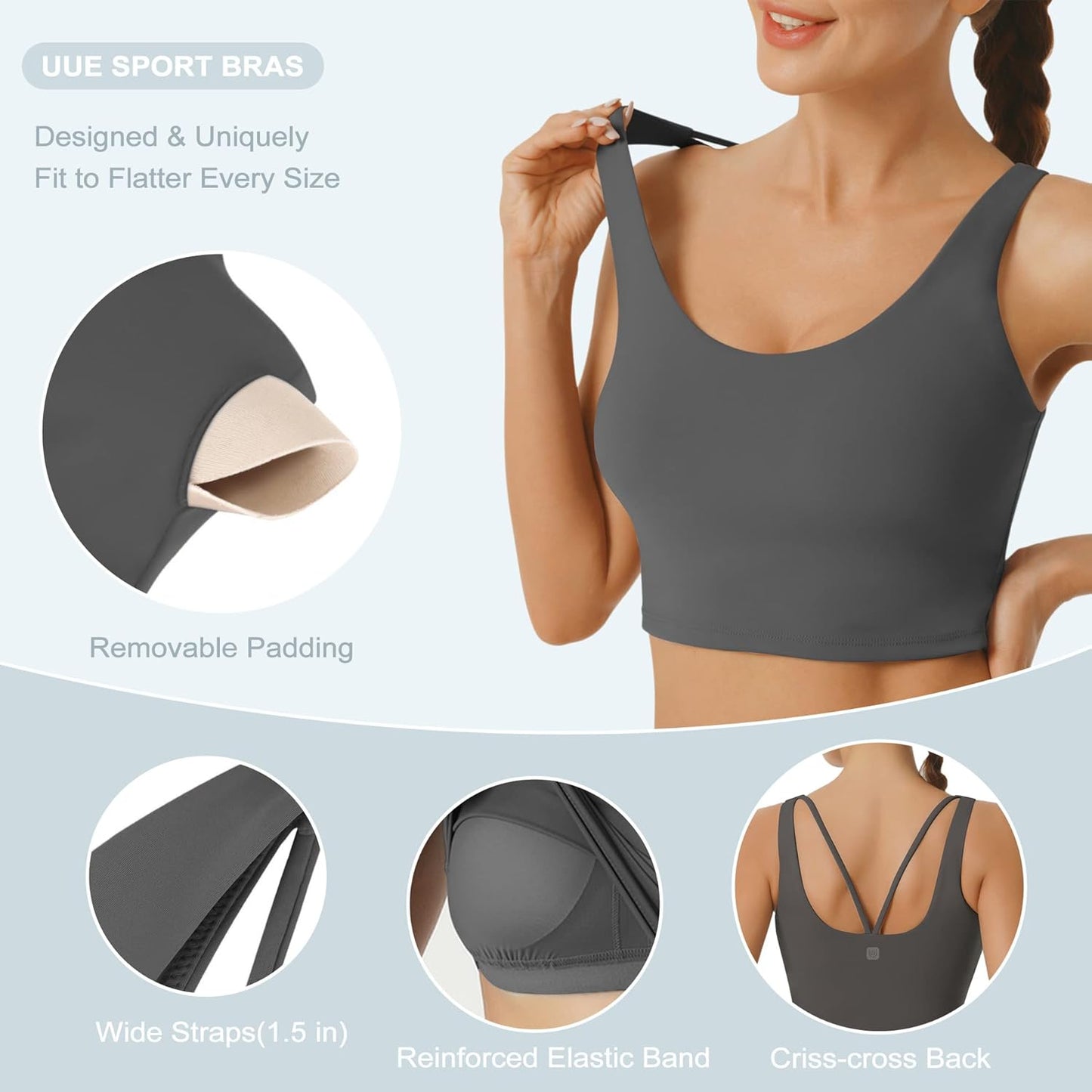Sports Bra for Women, Longline Padded Strappy Sports Bras Medium Support Yoga Gym Running Workout Crop Tank Tops