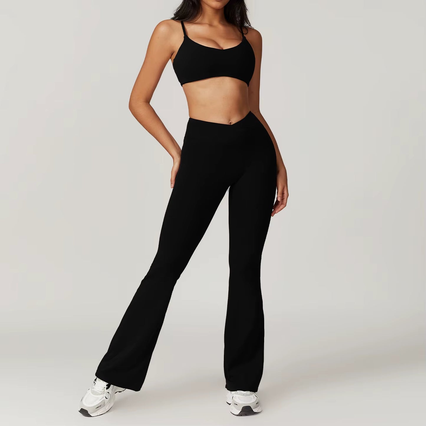 Women'S 2PCS Gym Yoga Suit Tight Fitting Sports Set Workout Breathable T Shirts Bra Short Sleeve Crop Top Bell-Bottoms Leggings
