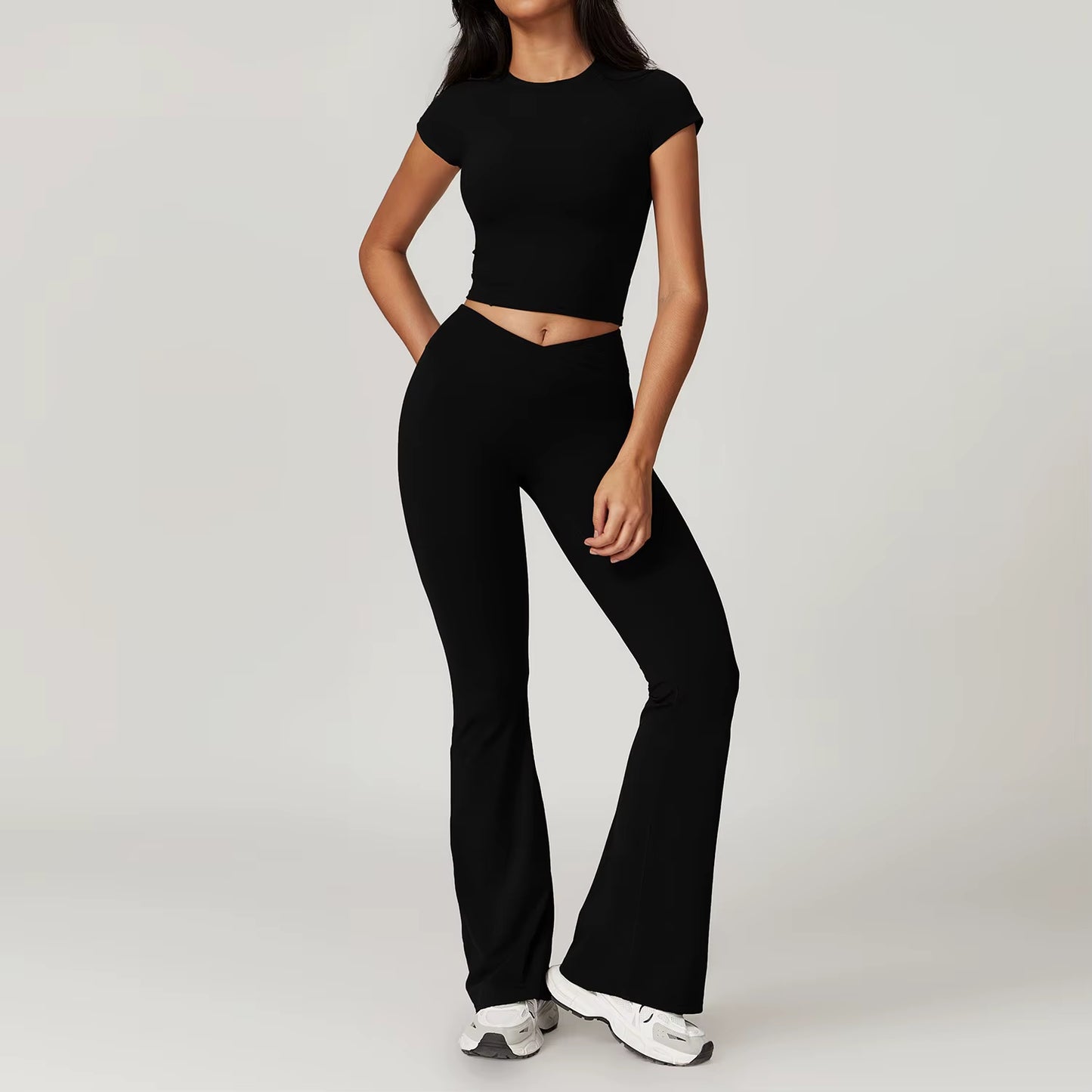 Women'S 2PCS Gym Yoga Suit Tight Fitting Sports Set Workout Breathable T Shirts Bra Short Sleeve Crop Top Bell-Bottoms Leggings