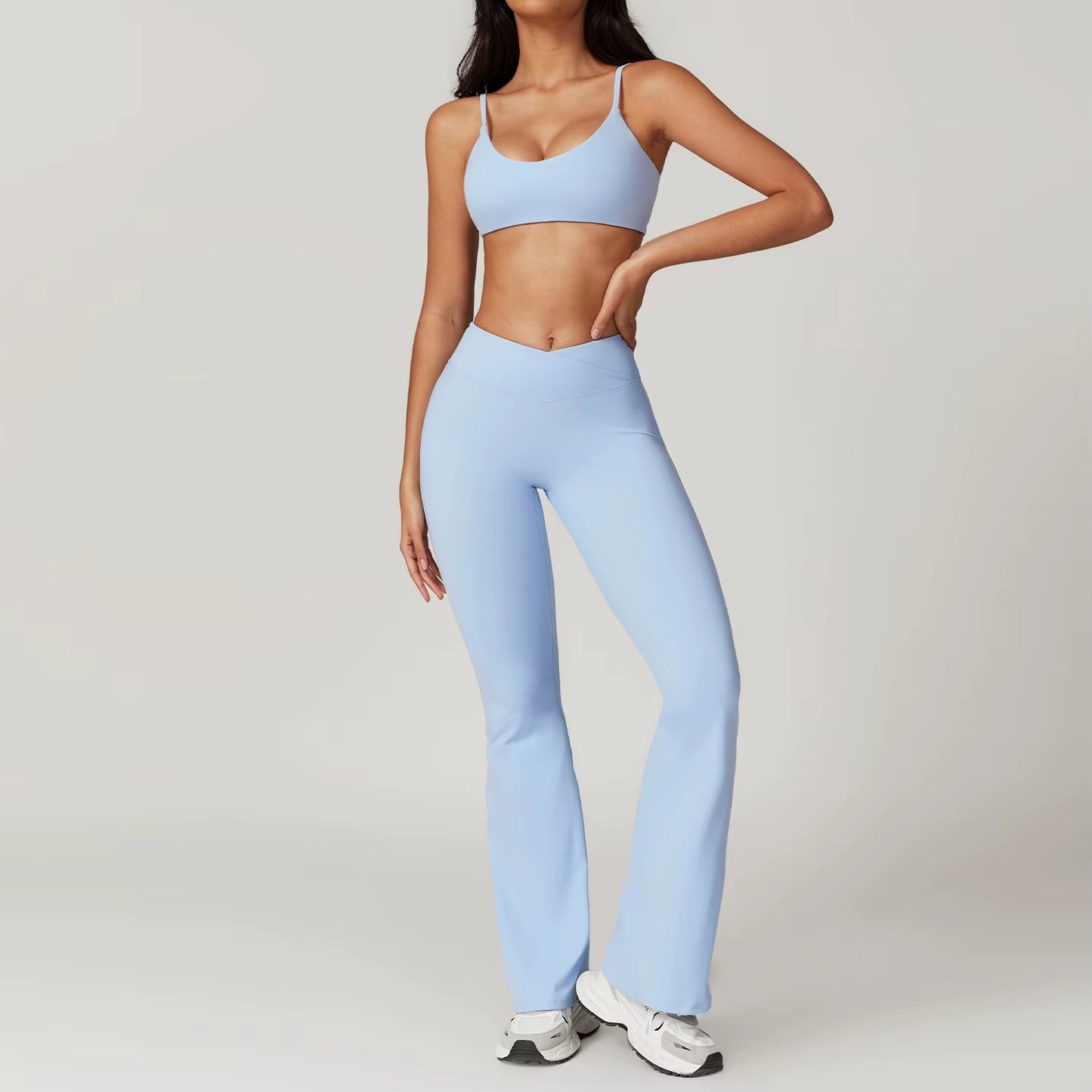 Women'S 2PCS Gym Yoga Suit Tight Fitting Sports Set Workout Breathable T Shirts Bra Short Sleeve Crop Top Bell-Bottoms Leggings