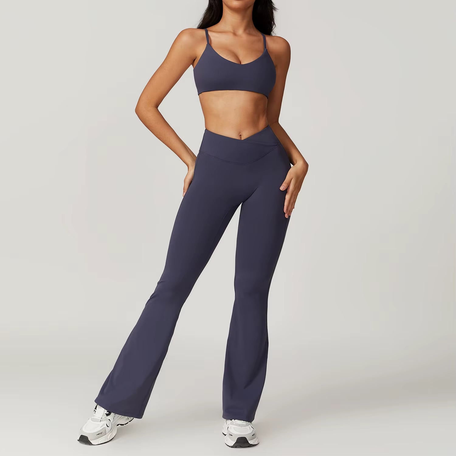 Women'S 2PCS Gym Yoga Suit Tight Fitting Sports Set Workout Breathable T Shirts Bra Short Sleeve Crop Top Bell-Bottoms Leggings