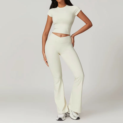 Women'S 2PCS Gym Yoga Suit Tight Fitting Sports Set Workout Breathable T Shirts Bra Short Sleeve Crop Top Bell-Bottoms Leggings