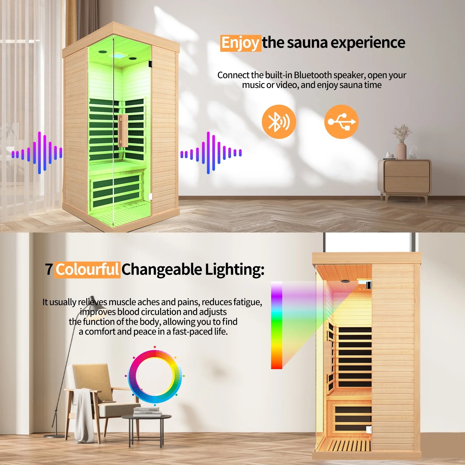 Home Sauna Infrared Saunas Home Spa Room Canadian Hemlock 1400W Low-Emf Dry Saunas Spa with 7 Chromotherapy for Indoor 1 Person