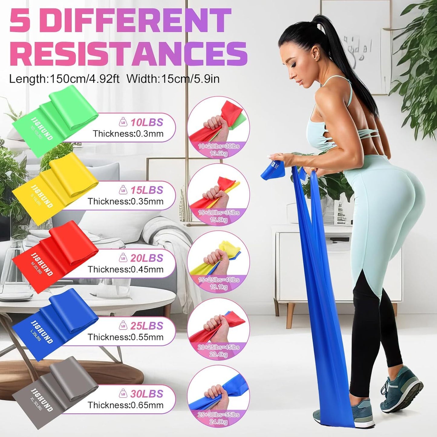 Resistance Bands 5 Pcs Exercise Bands Latex-Free Elastic Stretch Bands For