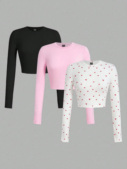 SHEIN Ezwear Multi-Pack Women Versatile Casual Simple Long Sleeve T-Shirt Valentine Day