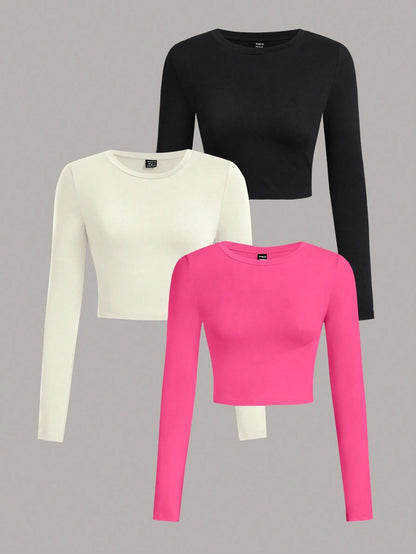 SHEIN Ezwear Multi-Pack Women Versatile Casual Simple Long Sleeve T-Shirt Valentine Day