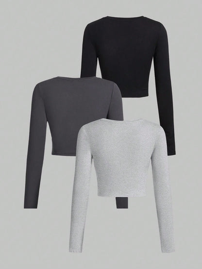 SHEIN Ezwear Multi-Pack Women Versatile Casual Simple Long Sleeve T-Shirt Valentine Day