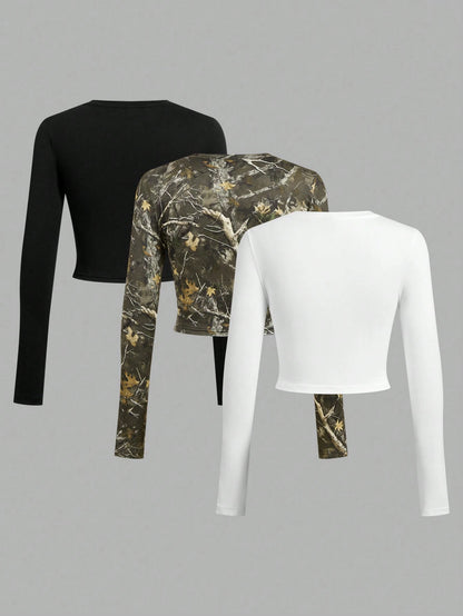 SHEIN Ezwear Multi-Pack Women Versatile Casual Simple Long Sleeve T-Shirt Valentine Day
