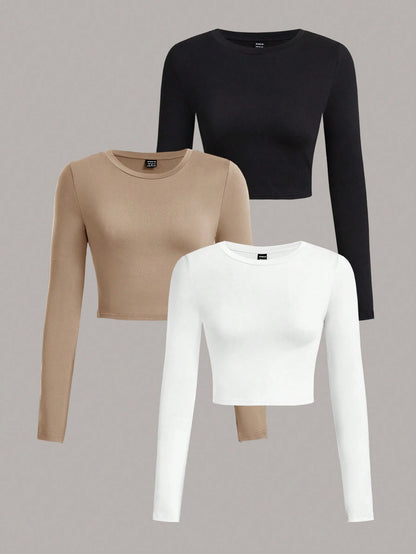 SHEIN Ezwear Multi-Pack Women Versatile Casual Simple Long Sleeve T-Shirt Valentine Day