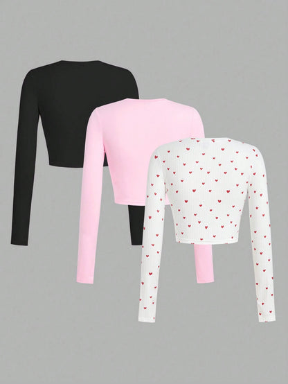 SHEIN Ezwear Multi-Pack Women Versatile Casual Simple Long Sleeve T-Shirt Valentine Day