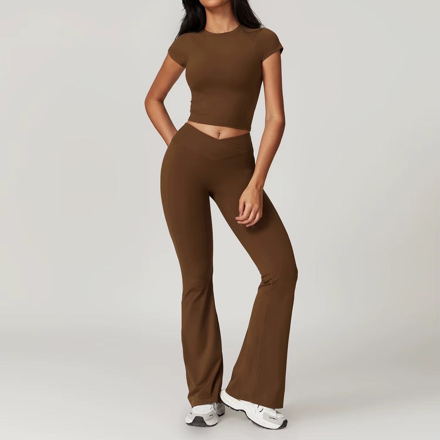 Women'S 2PCS Gym Yoga Suit Tight Fitting Sports Set Workout Breathable T Shirts Bra Short Sleeve Crop Top Bell-Bottoms Leggings