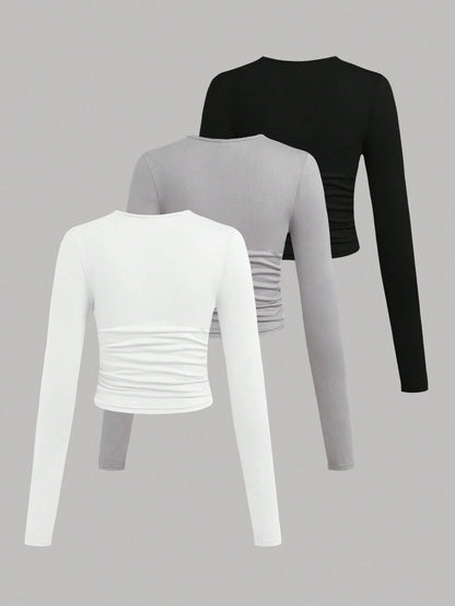 SHEIN Ezwear Multi-Pack Women Versatile Casual Simple Long Sleeve T-Shirt Valentine Day